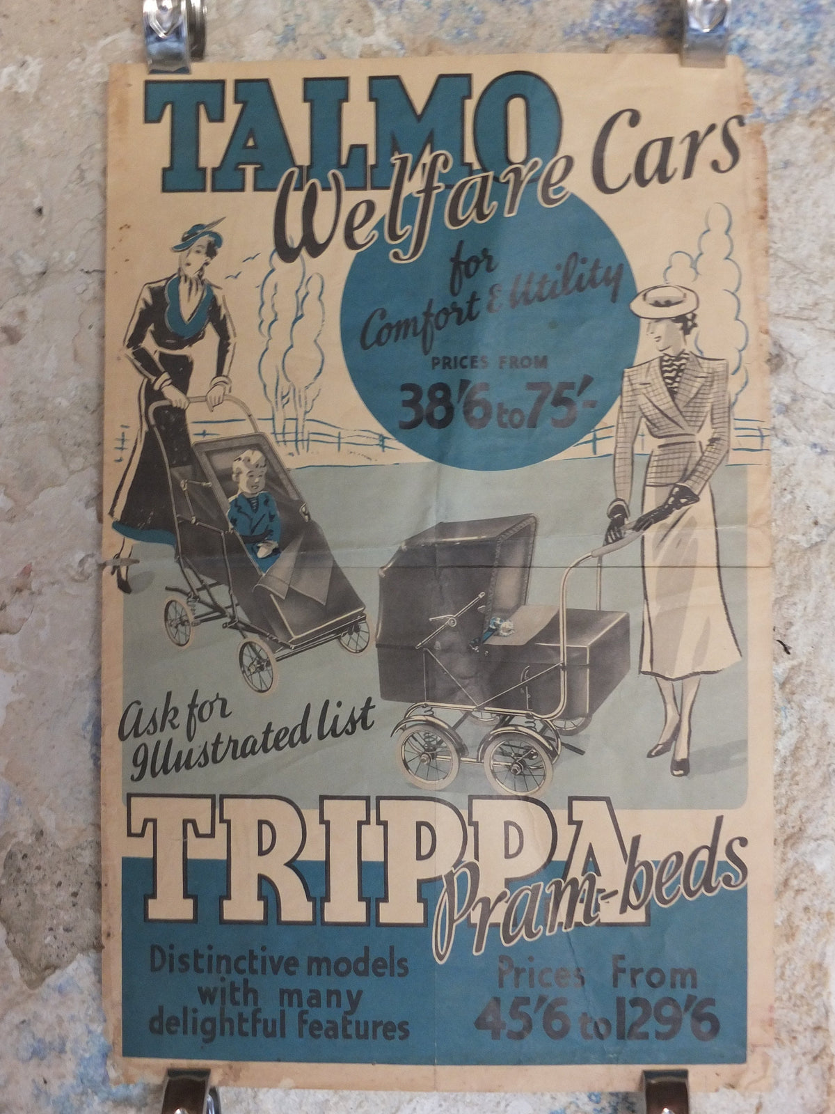 Original Vintage Talmo Baby Pram Poster Sunshine Walker Stroller Carriage Pushchair car buggy deco advertising print wall art retro 1930s
