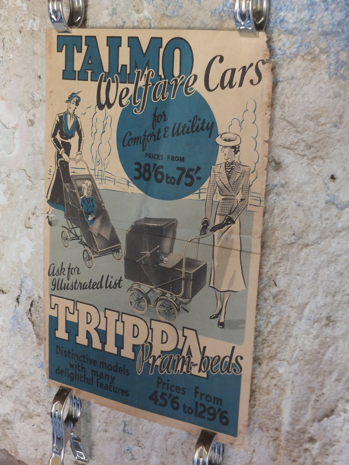 Original Vintage Talmo Baby Pram Poster Sunshine Walker Stroller Carriage Pushchair car buggy deco advertising print wall art retro 1930s