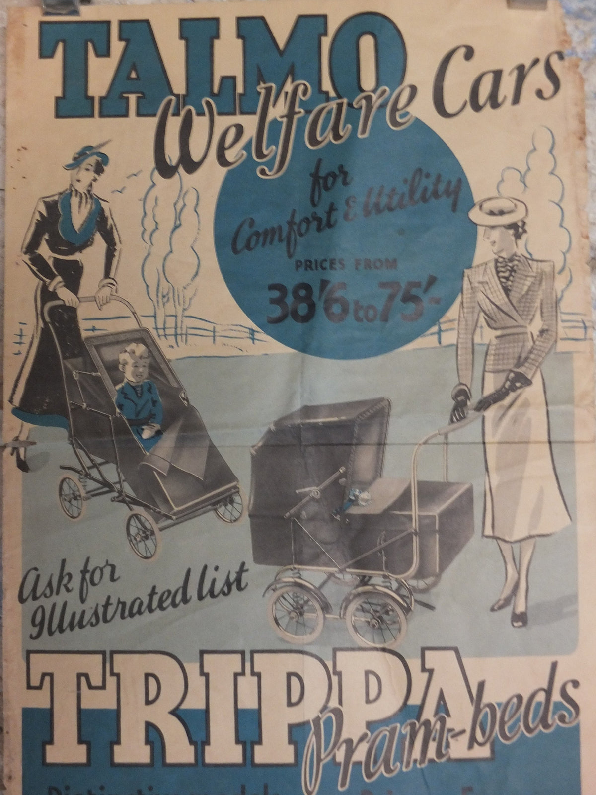 Original Vintage Talmo Baby Pram Poster Sunshine Walker Stroller Carriage Pushchair car buggy deco advertising print wall art retro 1930s