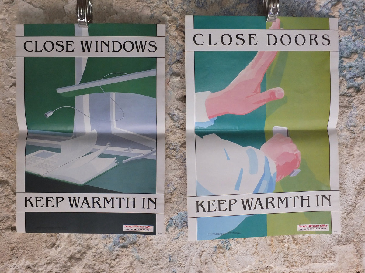 Set of Six Original Vintage British Energy Efficiency Posters windows taps heaters lights leaks wall art retro 1980s health and safety