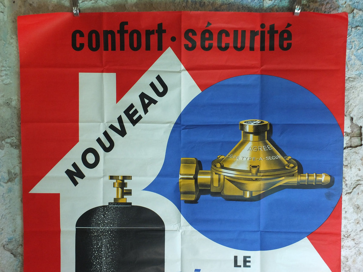 Original Vintage French Primagaz Poster, gas safety advertising, home heating, industrial art, wall retro decor 1960s