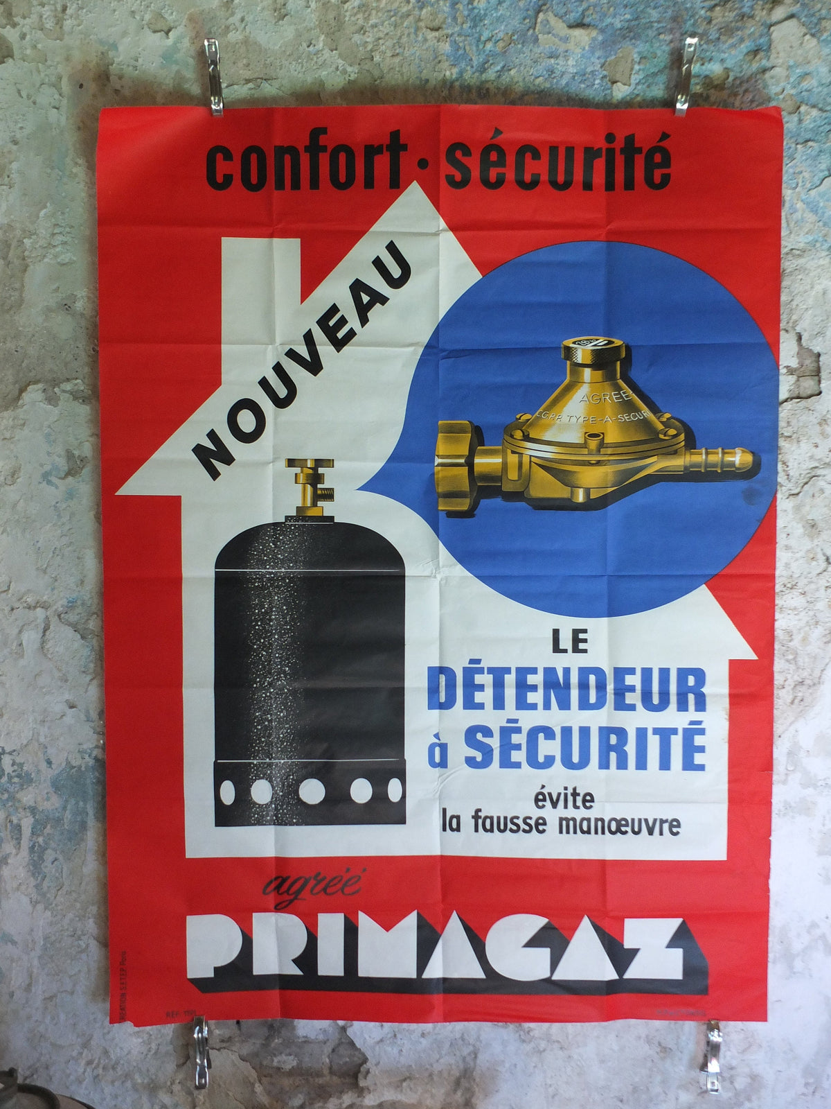 Original Vintage French Primagaz Poster, gas safety advertising, home heating, industrial art, wall retro decor 1960s