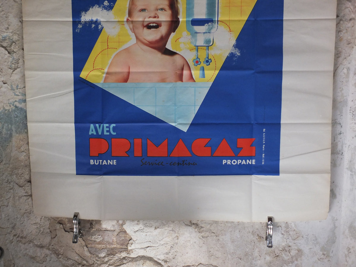 Original Vintage French Primagaz baby gas poster advertising home heating boiler water propane industrial art wall interior design 1960s