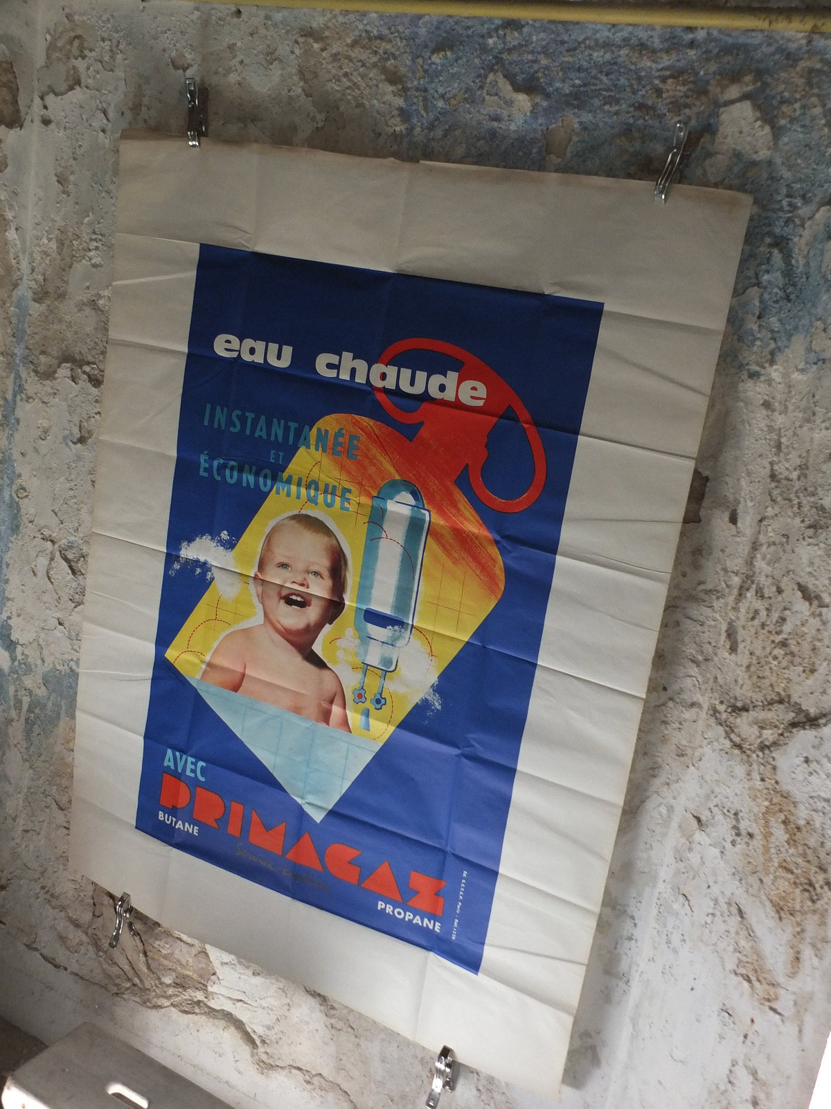 Original Vintage French Primagaz baby gas poster advertising home heating boiler water propane industrial art wall interior design 1960s