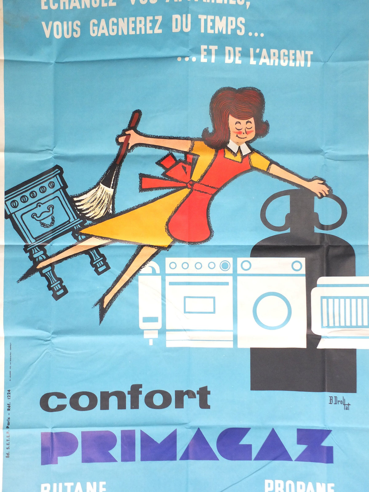 Original Vintage French Primagaz save time and money gas poster advertising home heating propane industrial art wall interior design 1960s