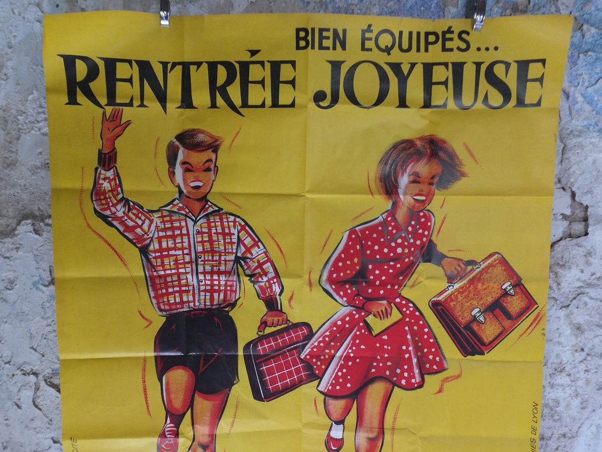 Original Vintage French Children Kids Back to School Poster fashion style bag happy running Advertising print R Hennin wall art retro 1960s