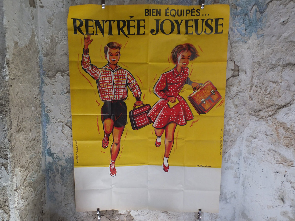 Original Vintage French Children Kids Back to School Poster fashion style bag happy running Advertising print R Hennin wall art retro 1960s