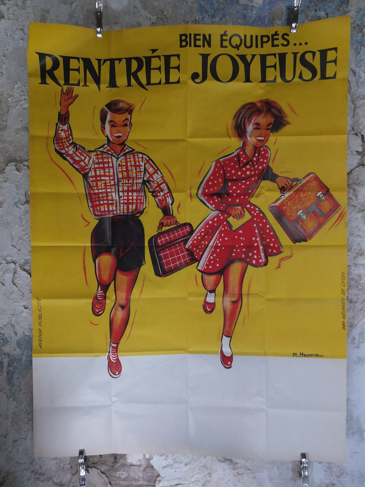 Original Vintage French Children Kids Back to School Poster fashion style bag happy running Advertising print R Hennin wall art retro 1960s