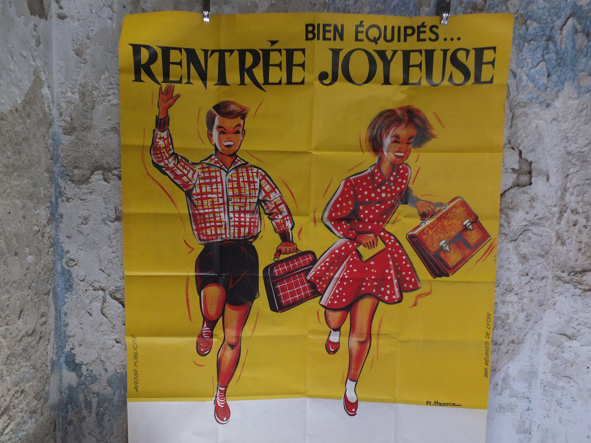 Original Vintage French Children Kids Back to School Poster fashion style bag happy running Advertising print R Hennin wall art retro 1960s