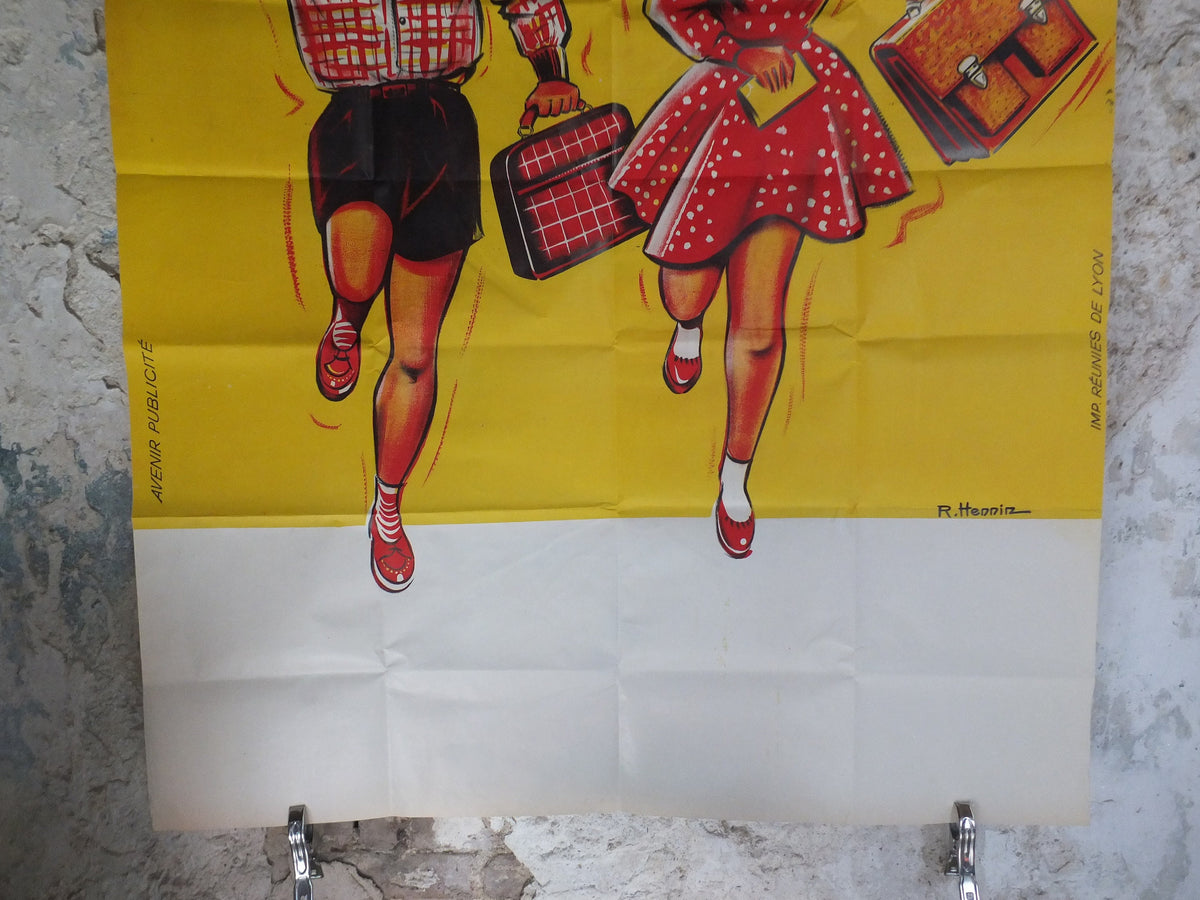 Original Vintage French Children Kids Back to School Poster fashion style bag happy running Advertising print R Hennin wall art retro 1960s