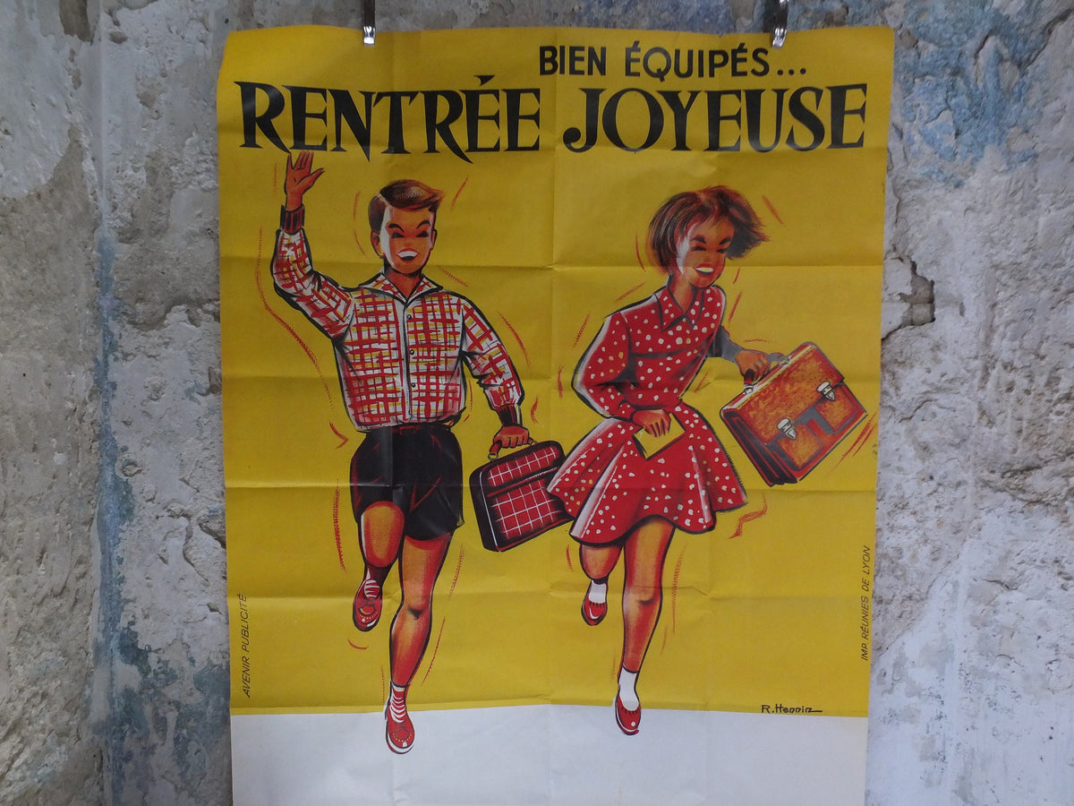 Original Vintage French Children Kids Back to School Poster fashion style bag happy running Advertising print R Hennin wall art retro 1960s