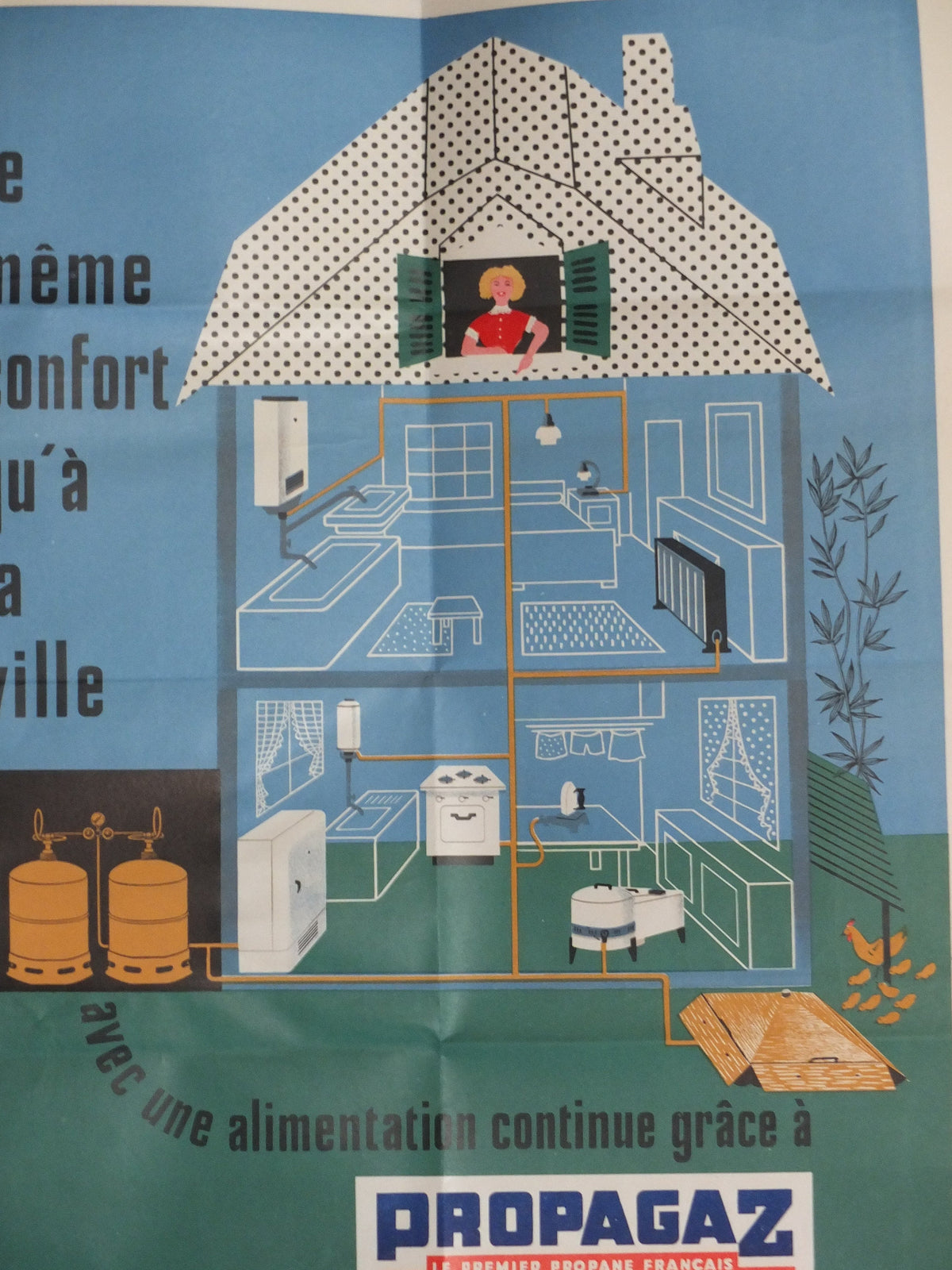 Original Vintage French Propagaz gas poster advertising cylinder home heating boiler Mariner industrial art wall interior design 1970s
