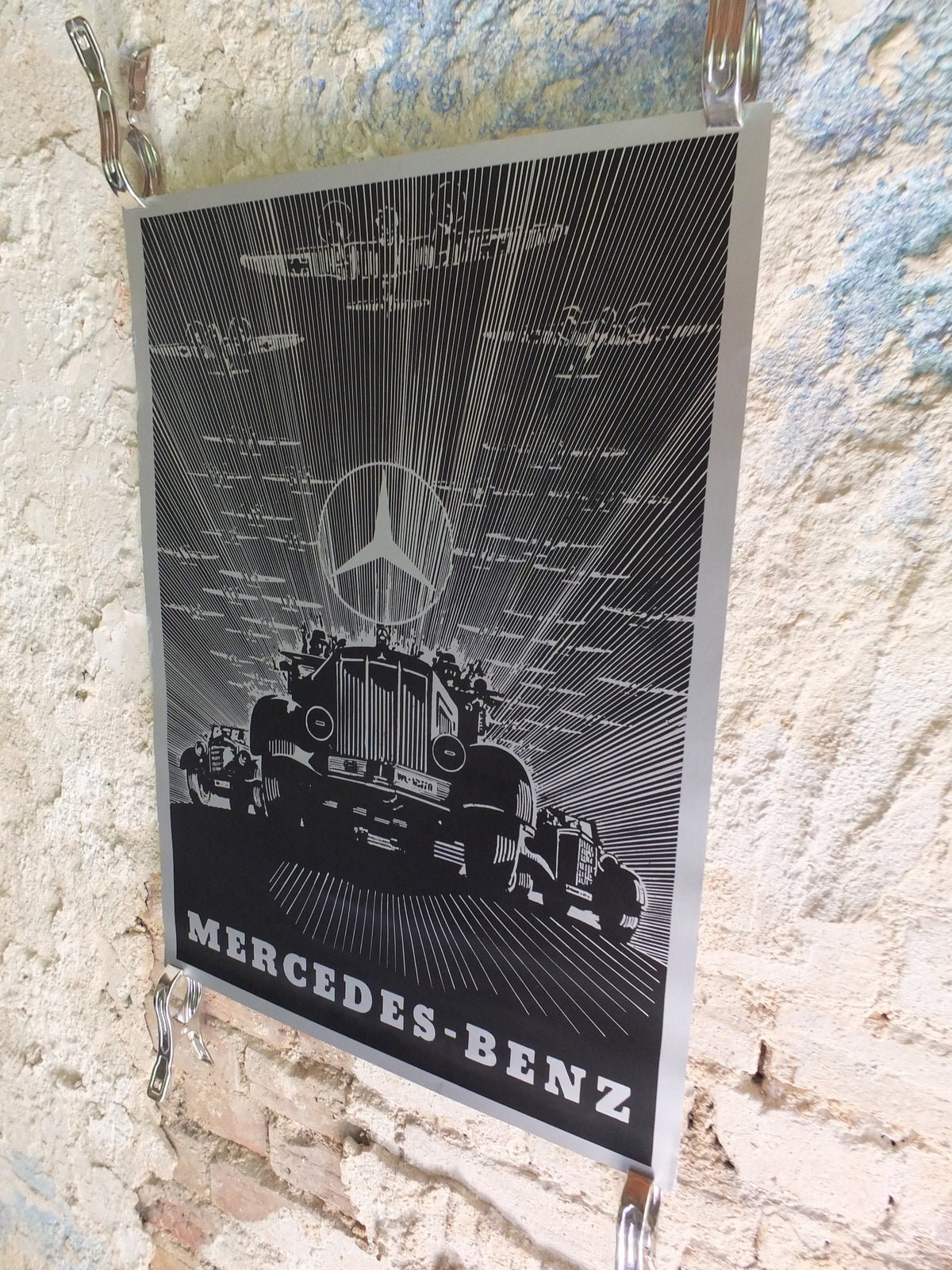 Vintage German WW2 Mercedes Benz Poster Daimler World War 2 1939 trucks lorries planes bombers mid century Advertising wall art 1980s