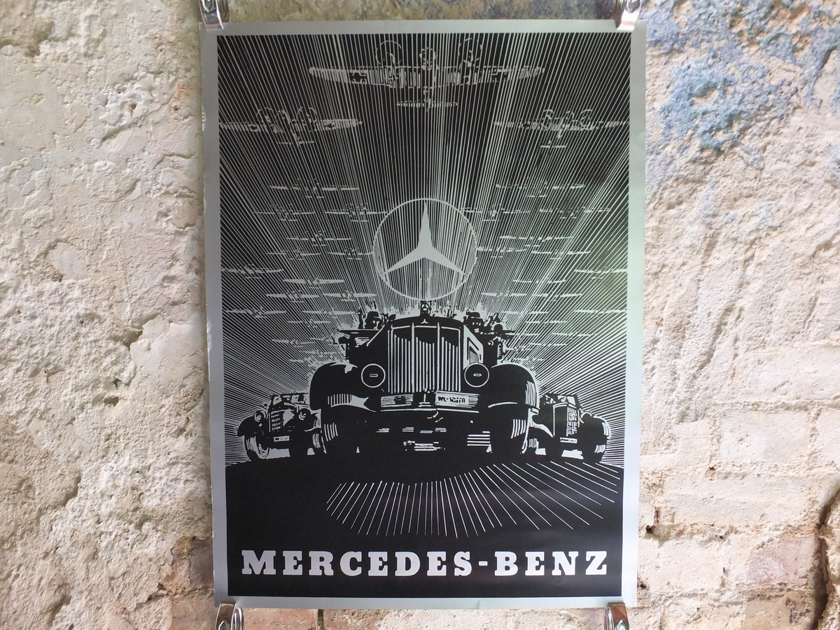 Vintage German WW2 Mercedes Benz Poster Daimler World War 2 1939 trucks lorries planes bombers mid century Advertising wall art 1980s
