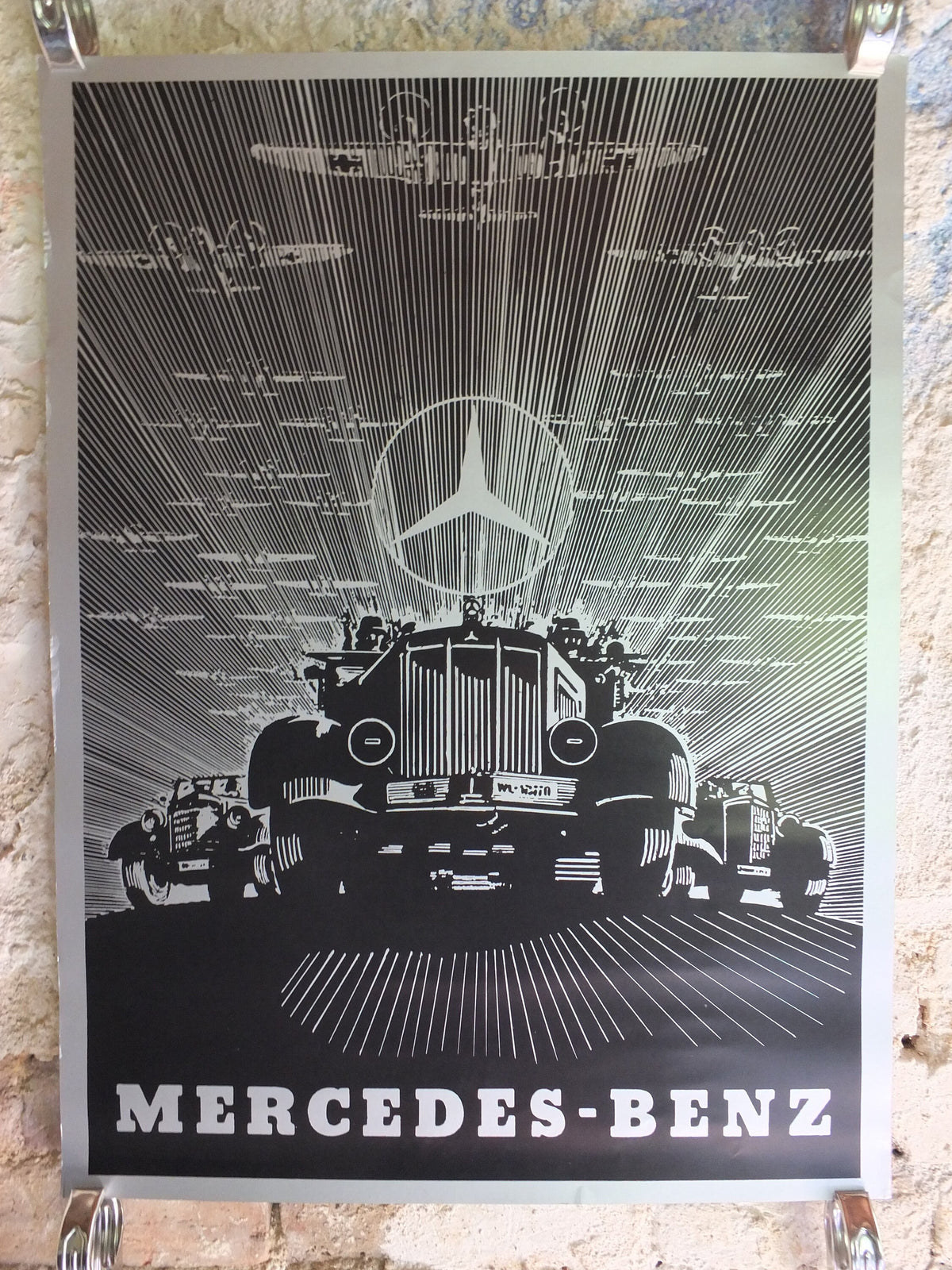 Vintage German WW2 Mercedes Benz Poster Daimler World War 2 1939 trucks lorries planes bombers mid century Advertising wall art 1980s