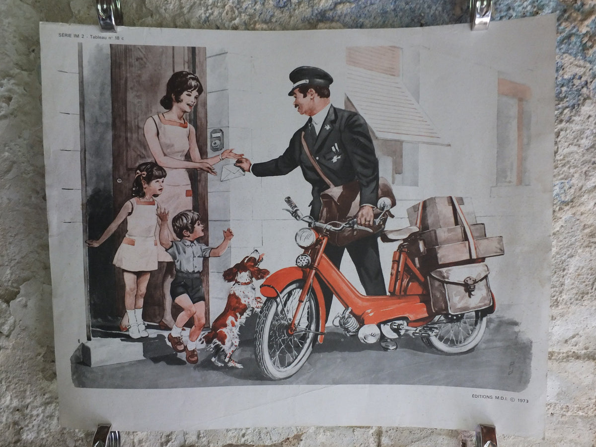 Original Vintage French MDI school poster postman school friends wall art double sided early years retro interior design 1970s