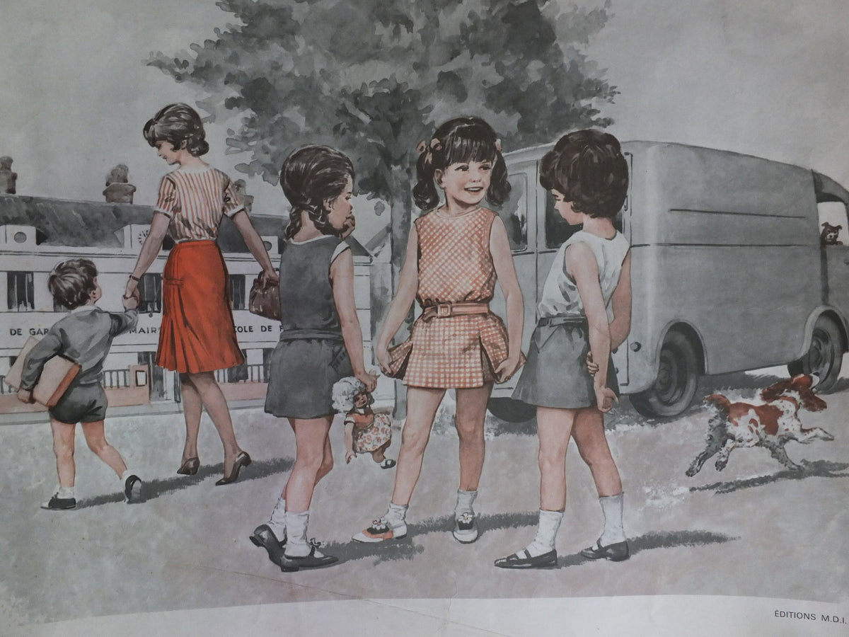 Original Vintage French MDI school poster postman school friends wall art double sided early years retro interior design 1970s