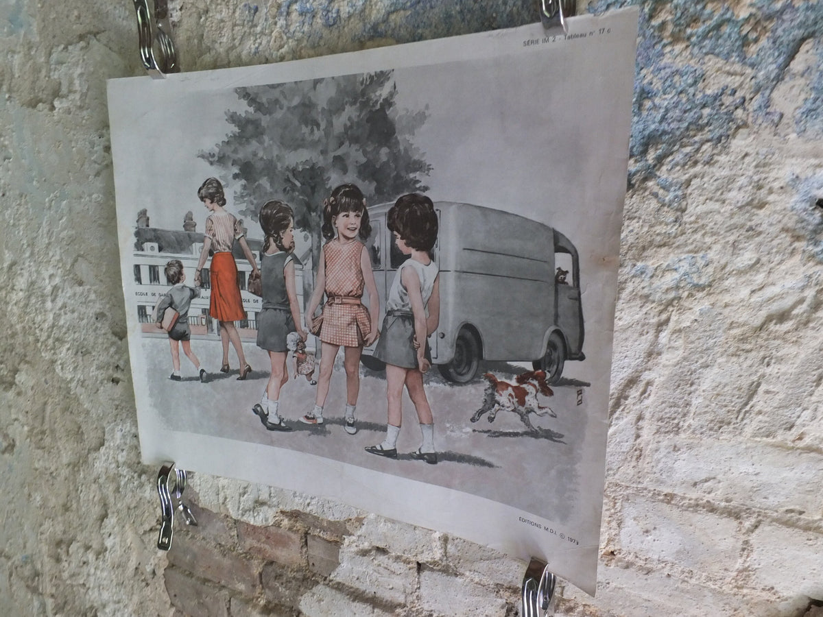 Original Vintage French MDI school poster postman school friends wall art double sided early years retro interior design 1970s
