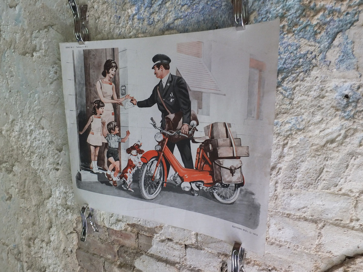 Original Vintage French MDI school poster postman school friends wall art double sided early years retro interior design 1970s