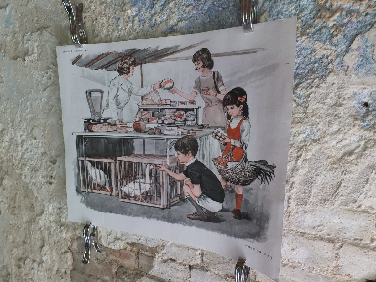 Original Vintage French MDI school poster clothes fashion delicatessen market wall art double sided early years retro interior design 1970s
