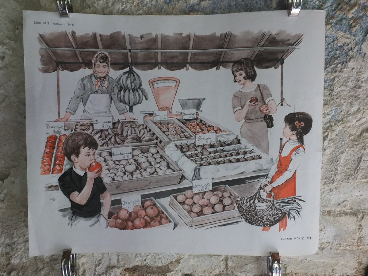 Original Vintage French MDI school poster clothes fashion fruit stand market wall art double sided early years retro interior design 1970s
