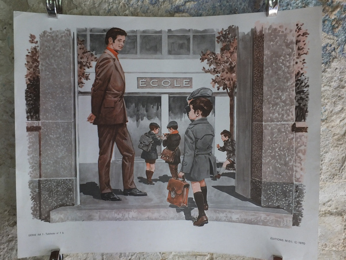 Original Vintage French MDI school poster first day school picking apples wall art double sided early years retro interior design 1970s