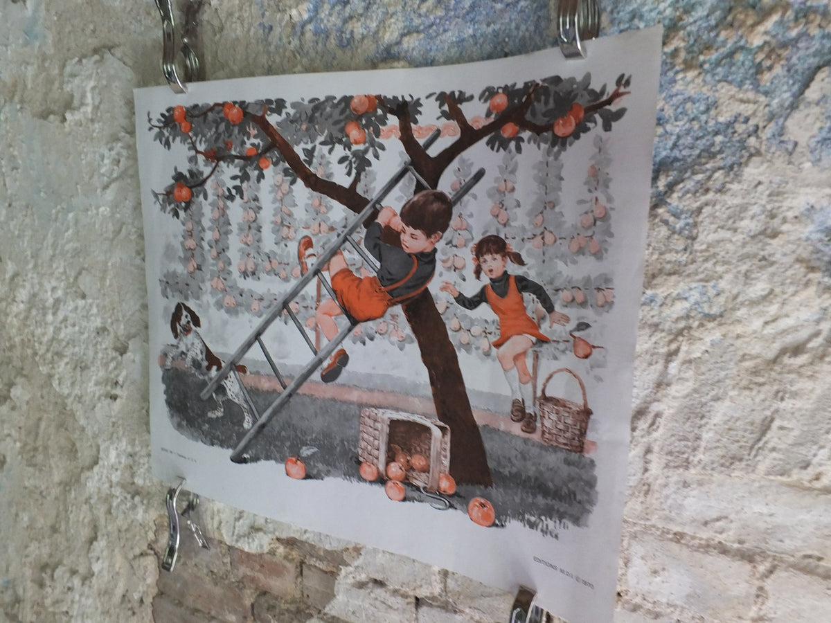 Original Vintage French MDI school poster first day school picking apples wall art double sided early years retro interior design 1970s