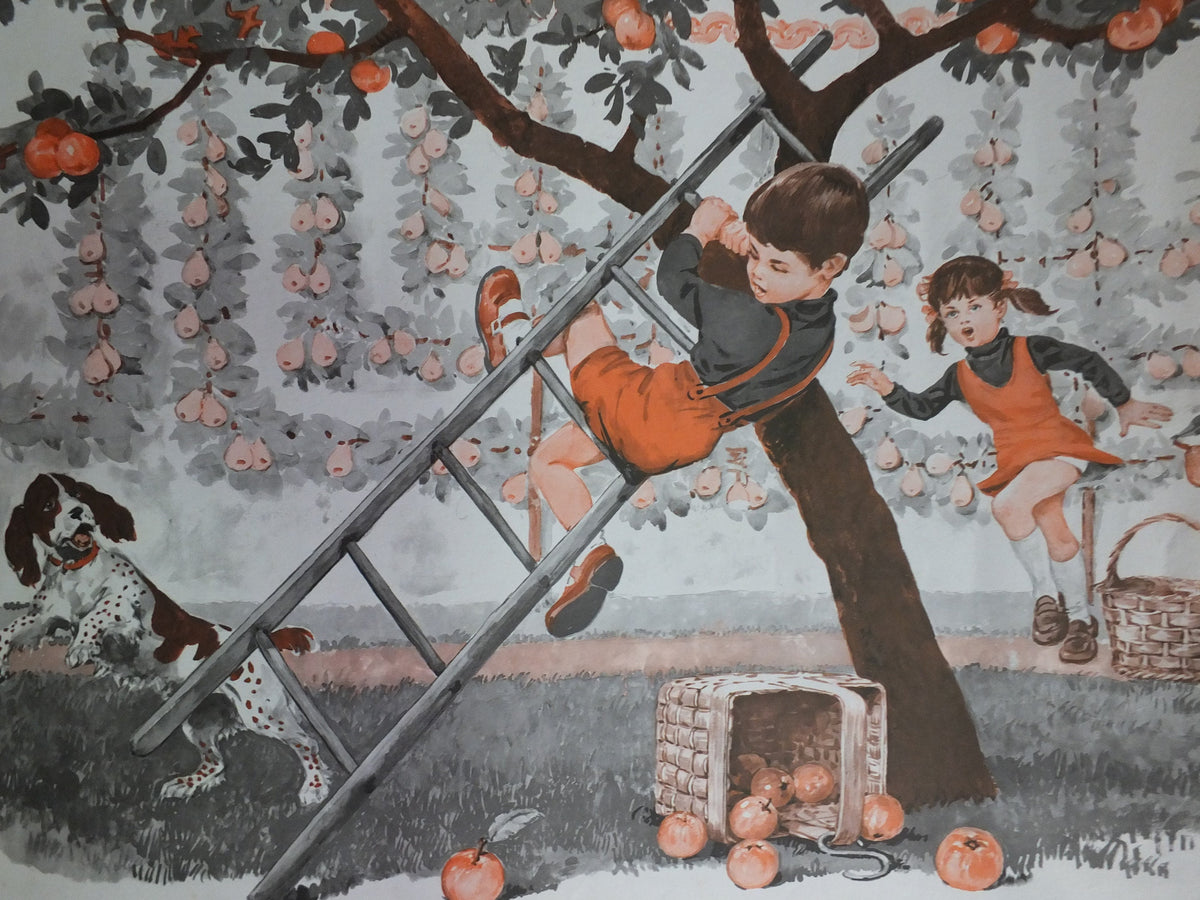 Original Vintage French MDI school poster first day school picking apples wall art double sided early years retro interior design 1970s