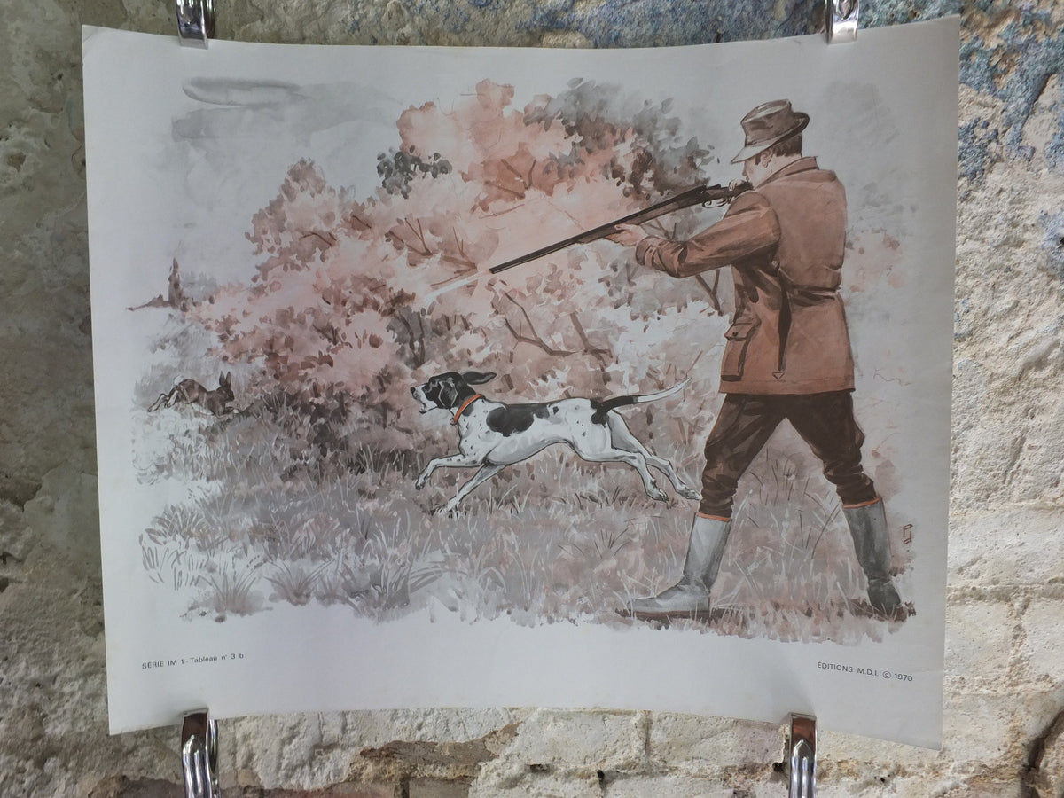Original Vintage French MDI school poster rainy day rain hunt dog wall art double sided early years retro interior design 1970s