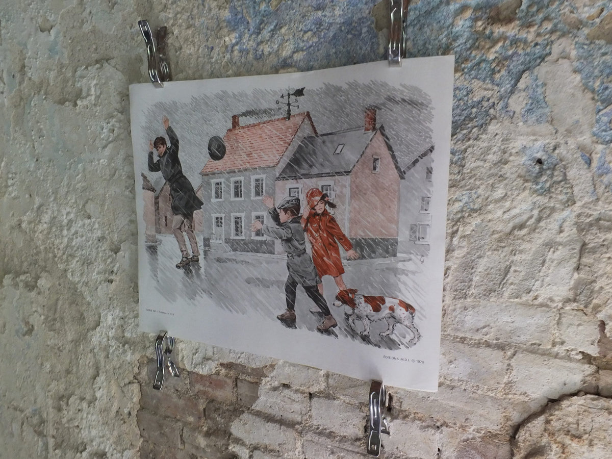 Original Vintage French MDI school poster rainy day rain hunt dog wall art double sided early years retro interior design 1970s