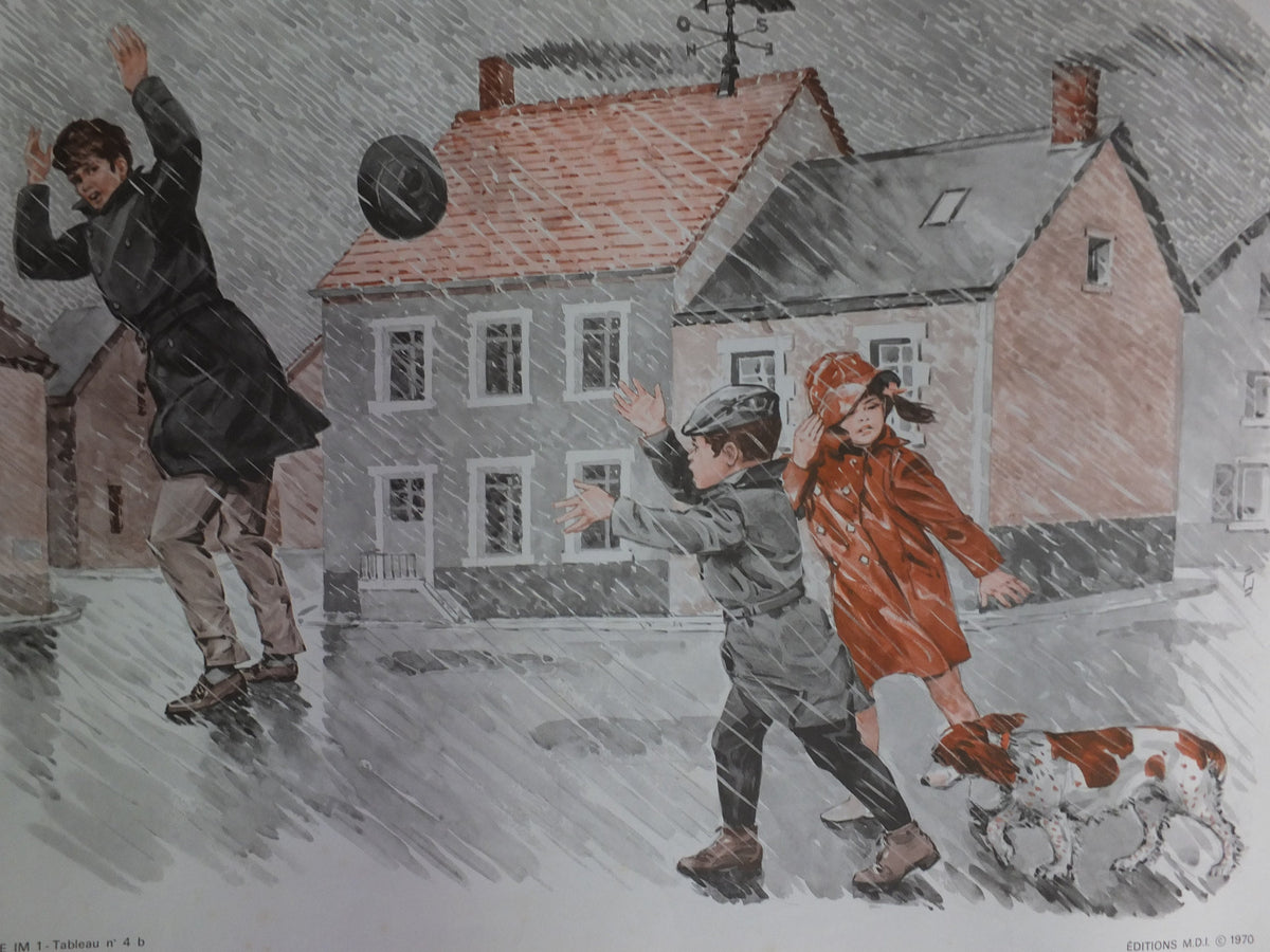 Original Vintage French MDI school poster rainy day rain hunt dog wall art double sided early years retro interior design 1970s