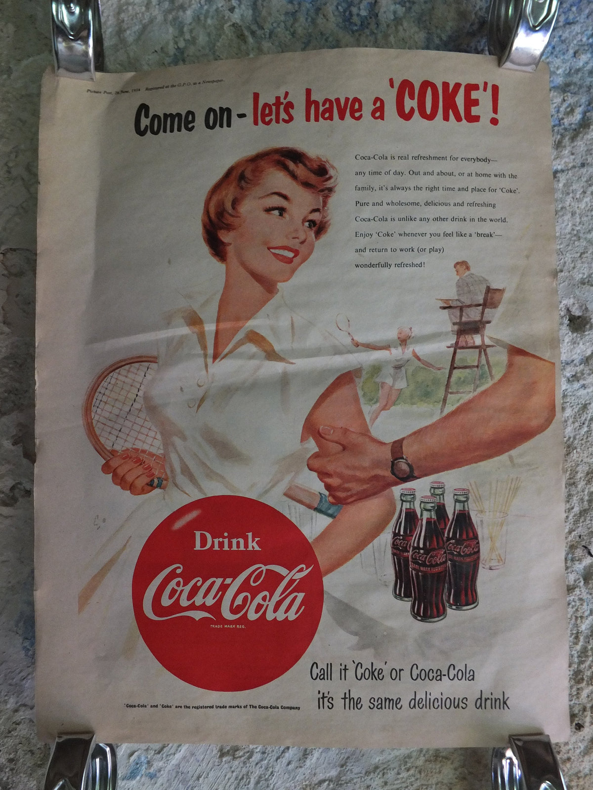 Original Vintage Cocacola Coke Poster Advertising Coca Cola beverage soda pop Coca-Cola carbonated fizzy bottle print wall art retro 1950s
