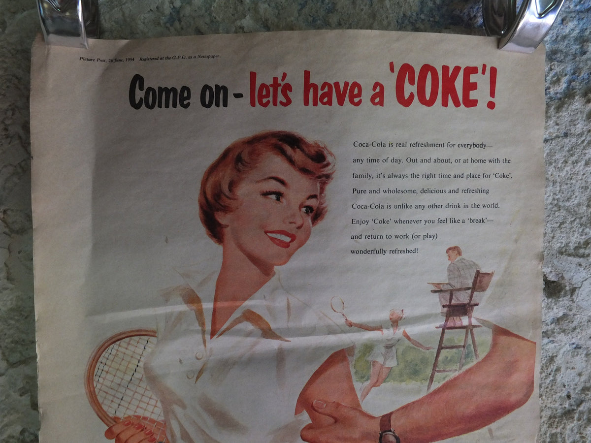 Original Vintage Cocacola Coke Poster Advertising Coca Cola beverage soda pop Coca-Cola carbonated fizzy bottle print wall art retro 1950s