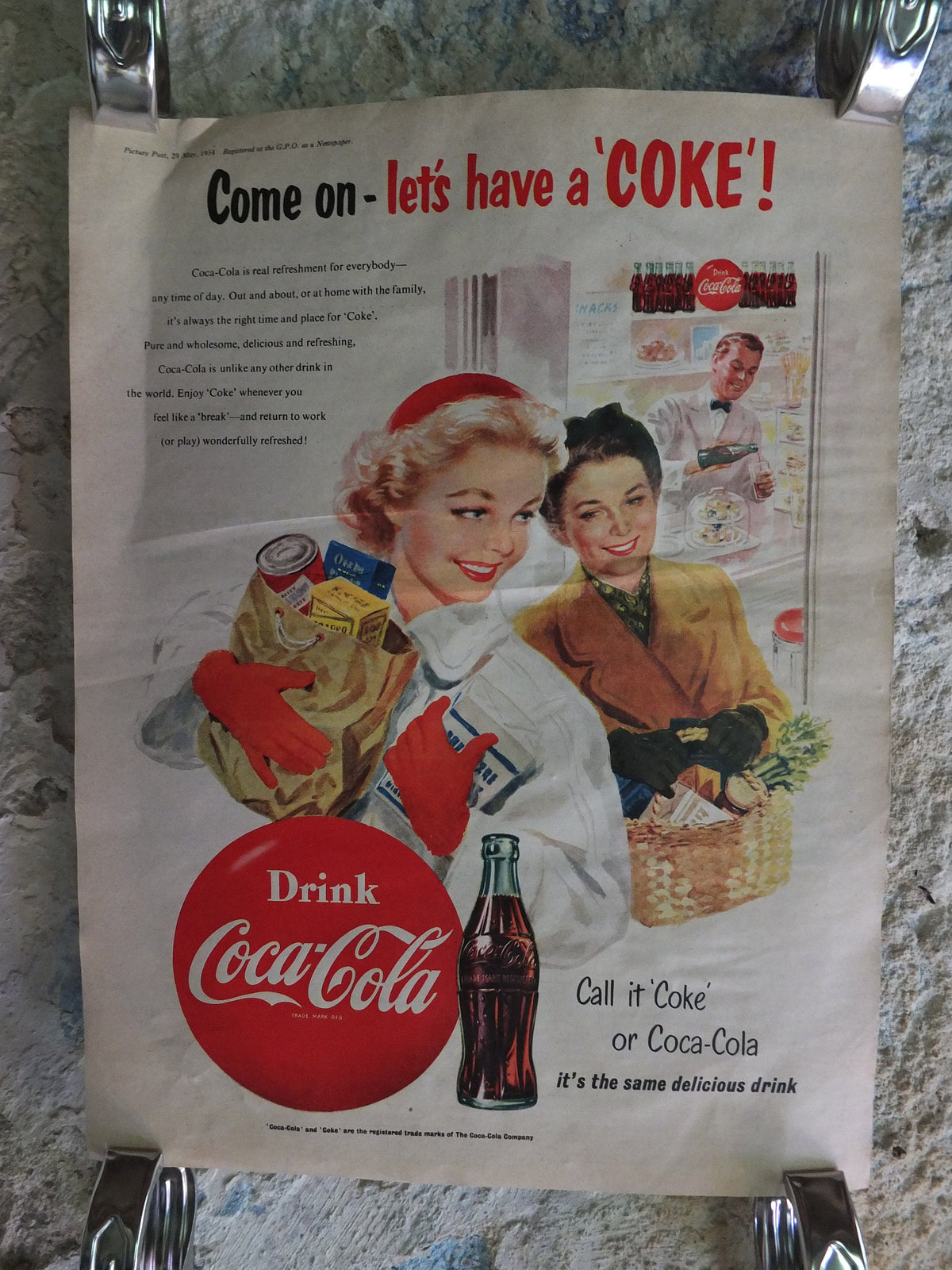 Original Vintage Cocacola Coke Poster Advertising Coca Cola beverage soda pop Coca-Cola carbonated fizzy bottle print wall art retro 1950s