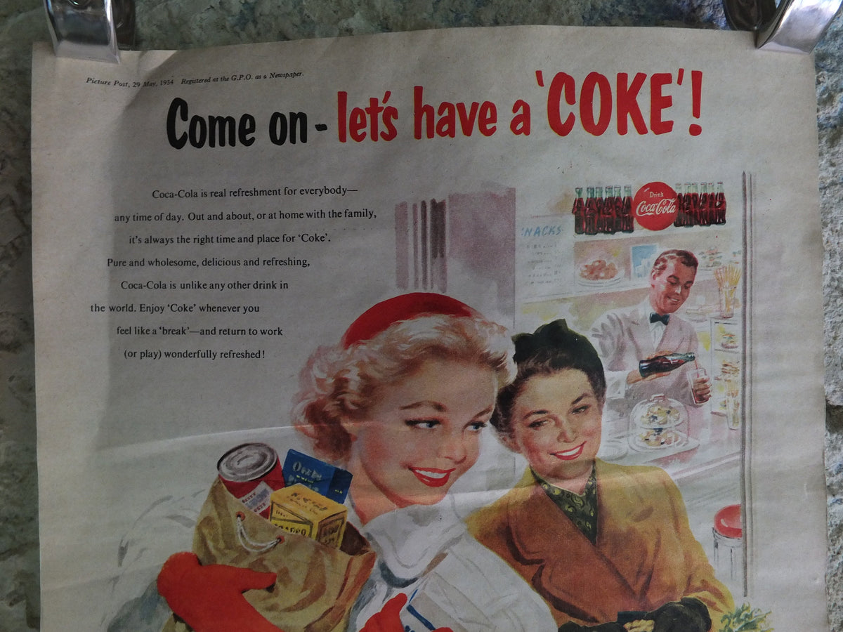 Original Vintage Cocacola Coke Poster Advertising Coca Cola beverage soda pop Coca-Cola carbonated fizzy bottle print wall art retro 1950s