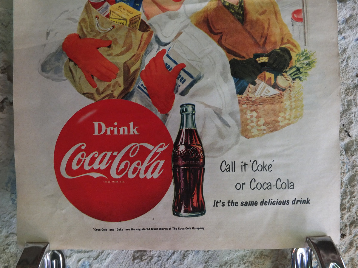 Original Vintage Cocacola Coke Poster Advertising Coca Cola beverage soda pop Coca-Cola carbonated fizzy bottle print wall art retro 1950s