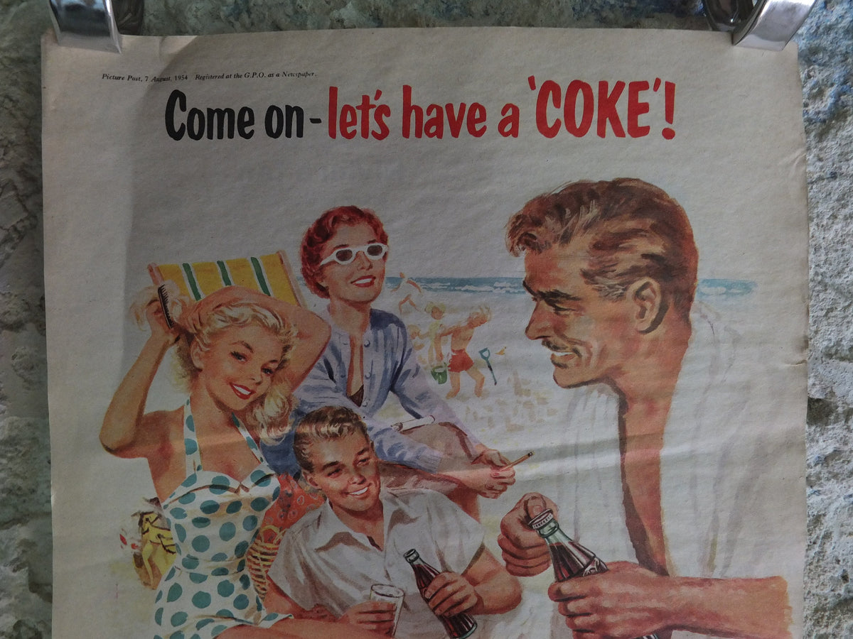 Original Vintage Cocacola Coke Poster Advertising Coca Cola beverage soda pop Coca-Cola carbonated fizzy bottle print wall art retro 1950s