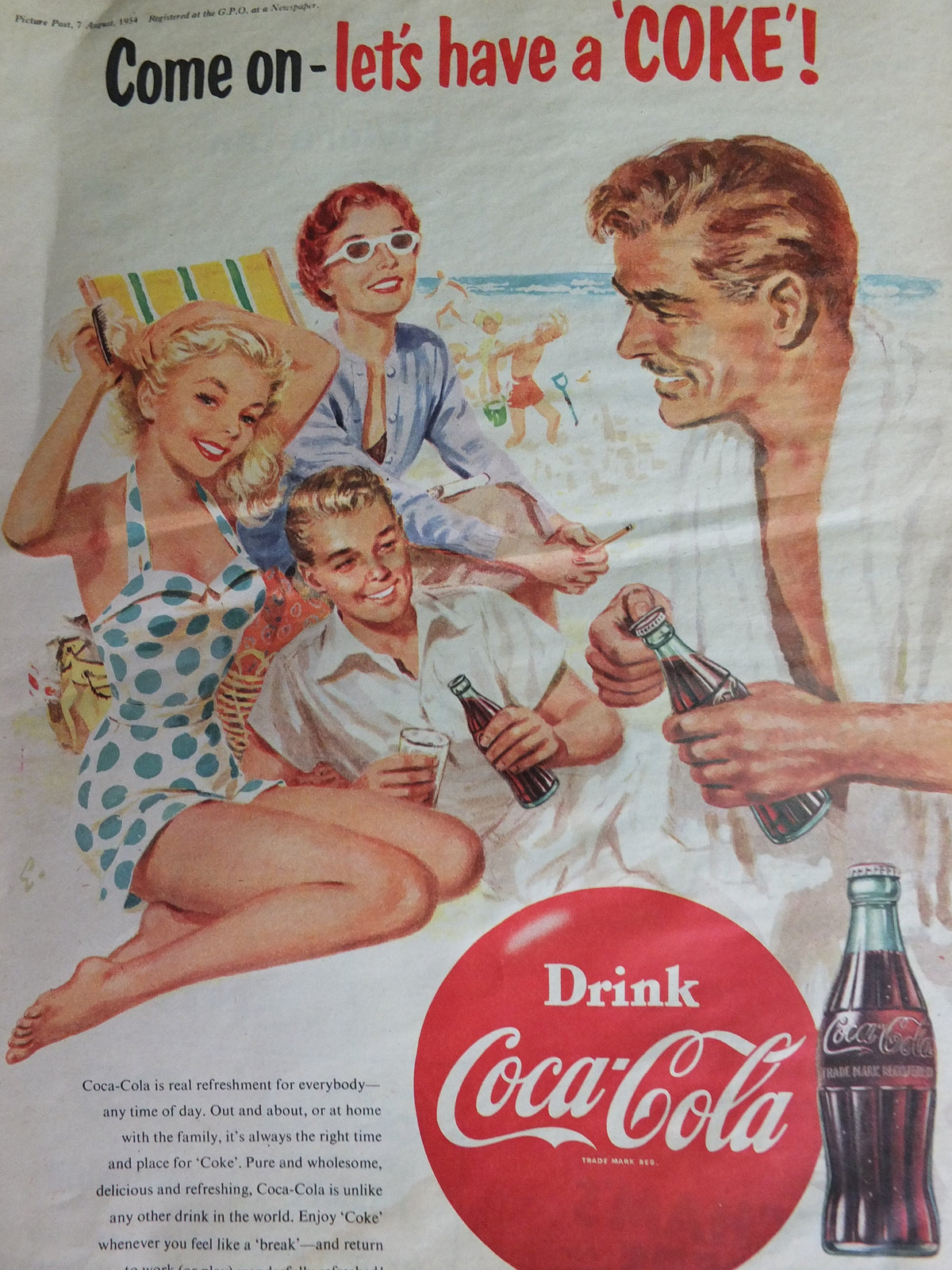 Original Vintage Cocacola Coke Poster Advertising Coca Cola beverage soda pop Coca-Cola carbonated fizzy bottle print wall art retro 1950s