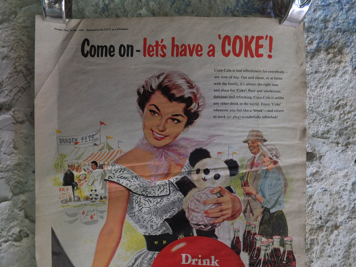 Original Vintage Cocacola Coke Poster Advertising Coca Cola beverage soda pop Coca-Cola carbonated fizzy bottle print wall art retro 1950s