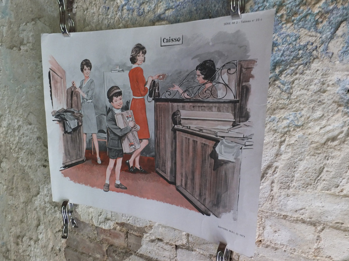 Original Vintage French MDI school poster clothes fashion delicatessen market wall art double sided early years retro interior design 1970s
