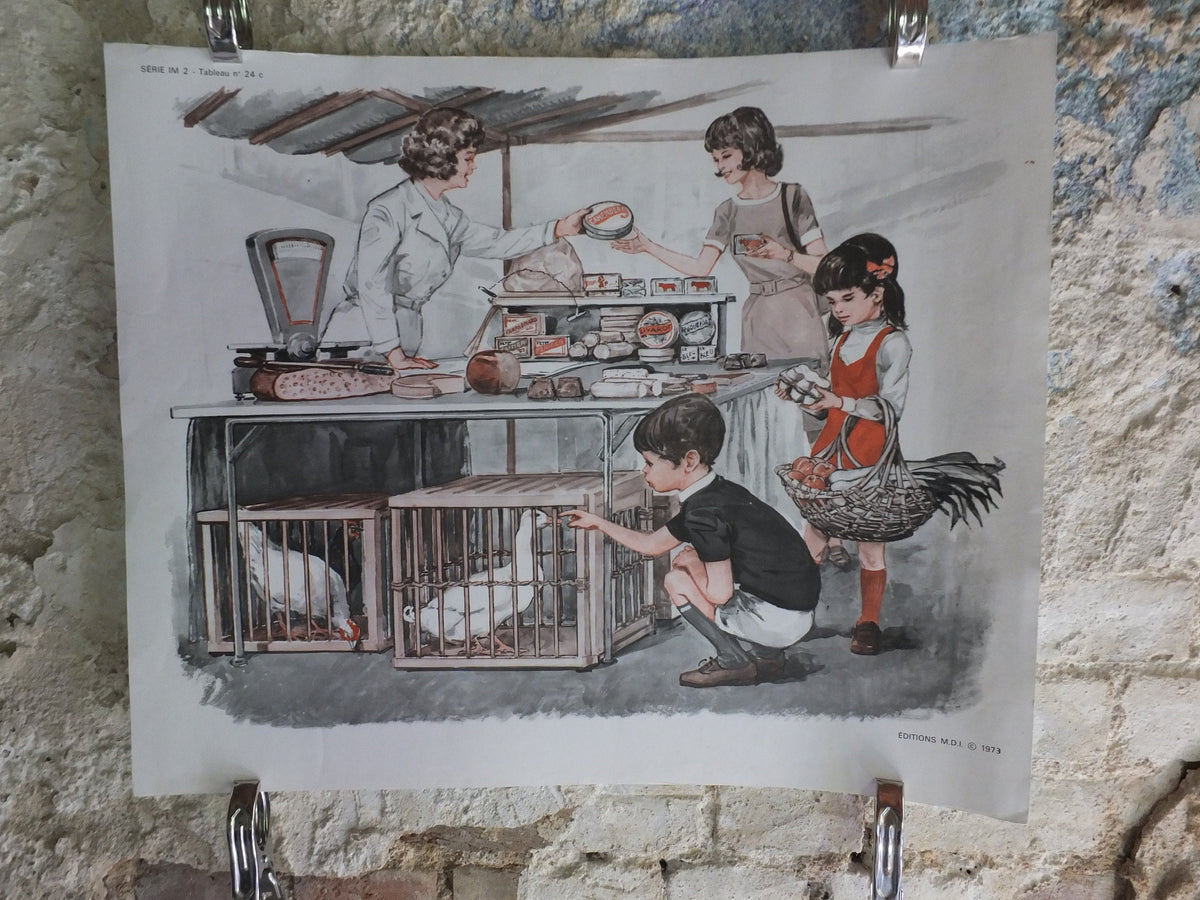 Original Vintage French MDI school poster clothes fashion delicatessen market wall art double sided early years retro interior design 1970s