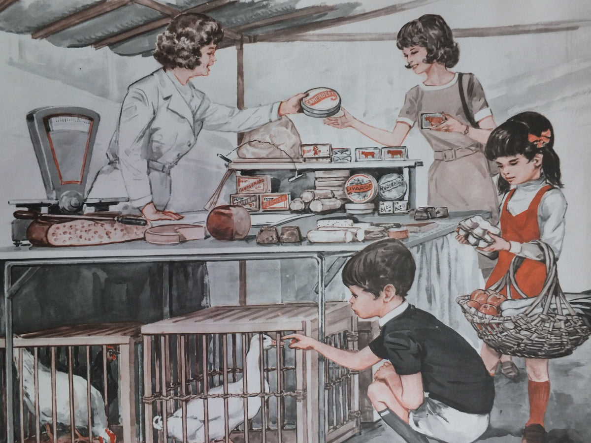 Original Vintage French MDI school poster clothes fashion delicatessen market wall art double sided early years retro interior design 1970s