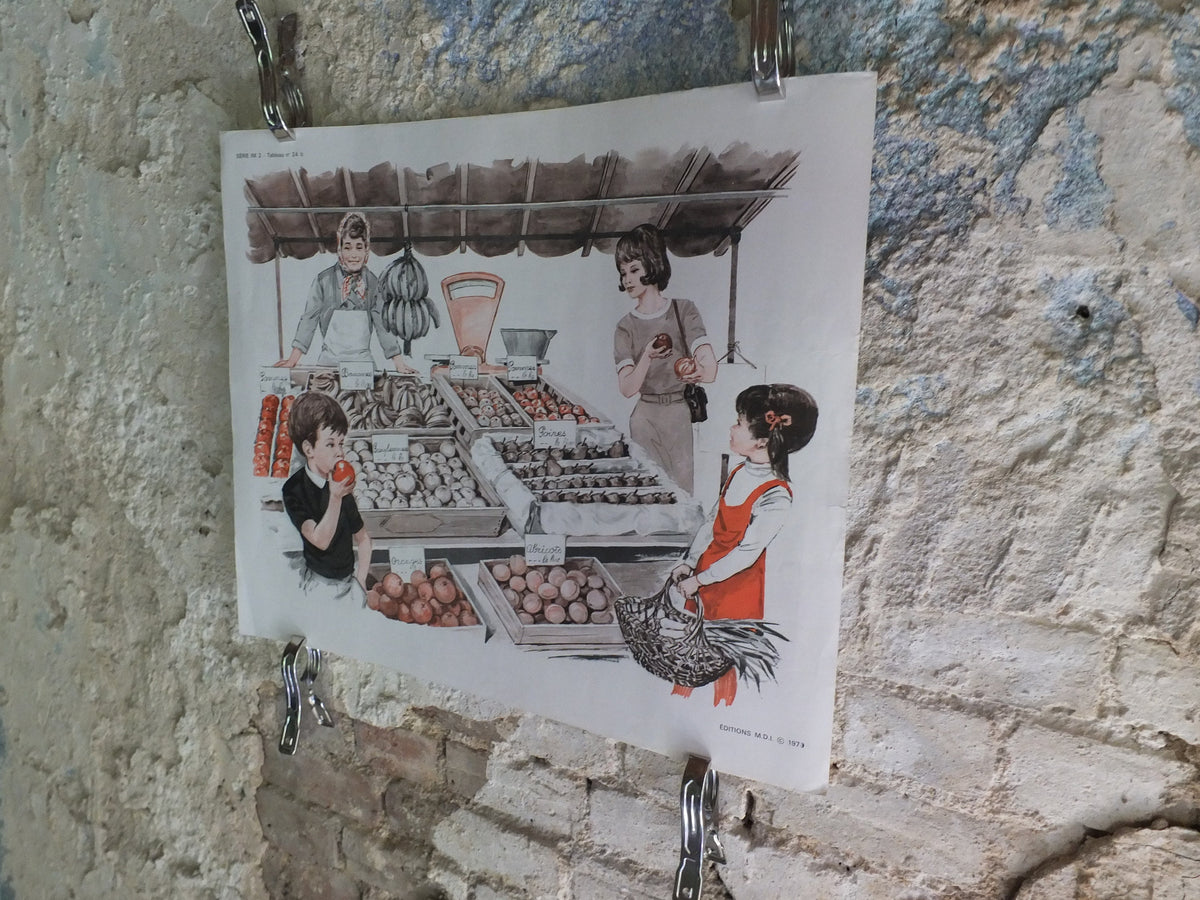 Original Vintage French MDI school poster clothes fashion fruit stand market wall art double sided early years retro interior design 1970s
