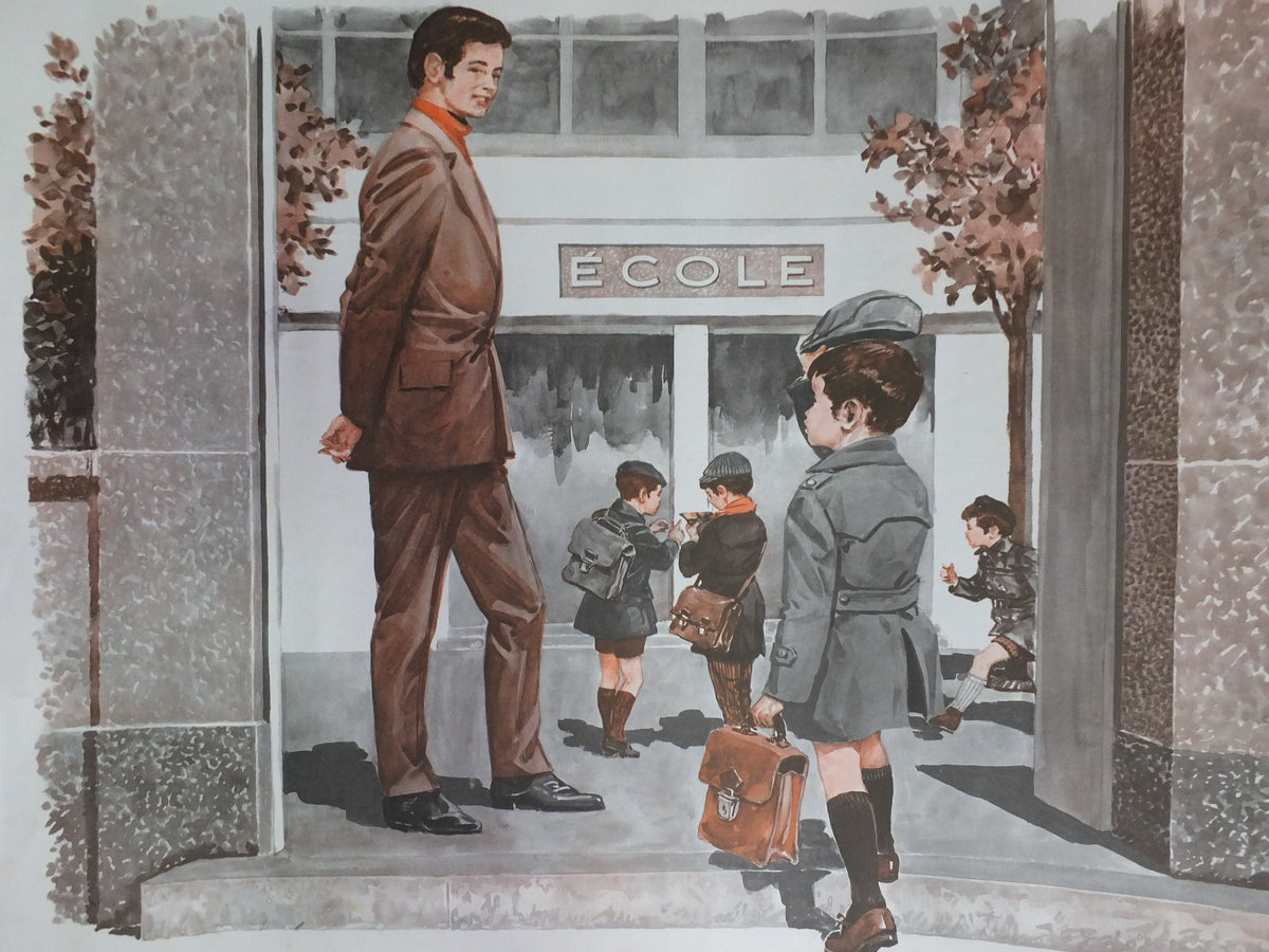 Original Vintage French MDI school poster first day school picking apples wall art double sided early years retro interior design 1970s