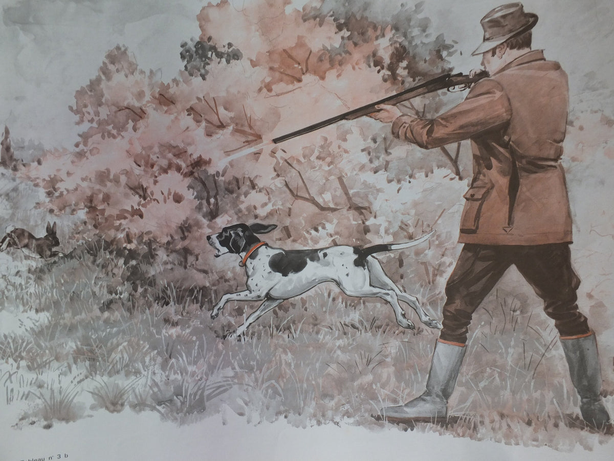 Original Vintage French MDI school poster rainy day rain hunt dog wall art double sided early years retro interior design 1970s