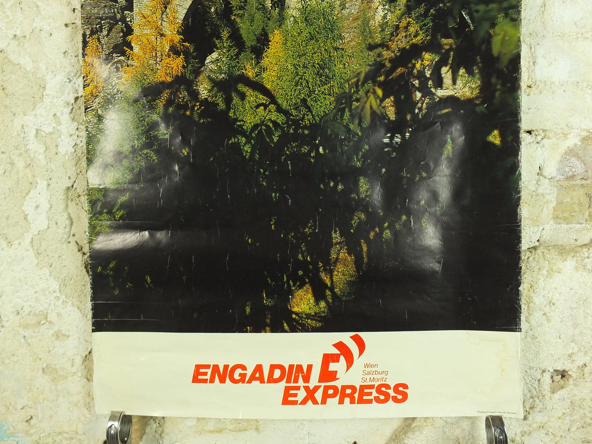 Original Vintage Swiss Engadin St Moritz Rail Poster Wein Salzburg Schweiz Suisse Switzerland train travel tourism tourist wall art 1980s