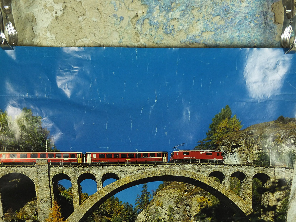 Original Vintage Swiss Engadin St Moritz Rail Poster Wein Salzburg Schweiz Suisse Switzerland train travel tourism tourist wall art 1980s