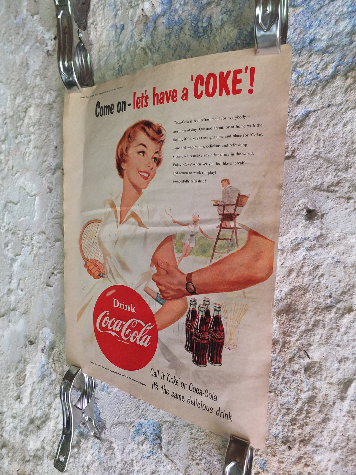 Original Vintage Cocacola Coke Poster Advertising Coca Cola beverage soda pop Coca-Cola carbonated fizzy bottle print wall art retro 1950s