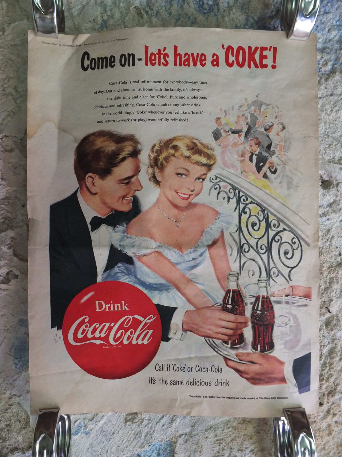 Original Vintage Cocacola Coke Poster Advertising Coca Cola beverage soda pop Coca-Cola carbonated fizzy bottle print wall art retro 1950s