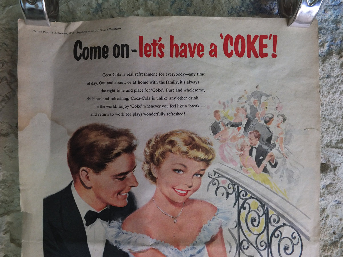 Original Vintage Cocacola Coke Poster Advertising Coca Cola beverage soda pop Coca-Cola carbonated fizzy bottle print wall art retro 1950s